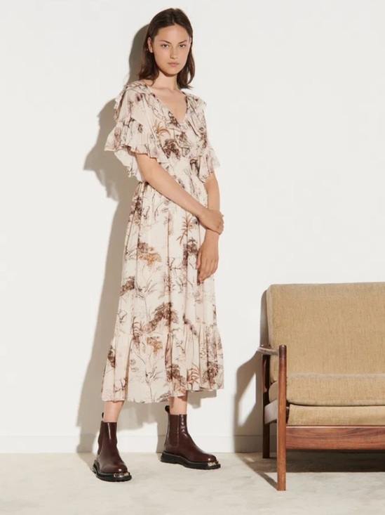 Sandro Paris Dresses & Skirts - Sandro Ruffled Printed Gauze Midi Dress NWT Ecru FR 36 US 4 Toile Print